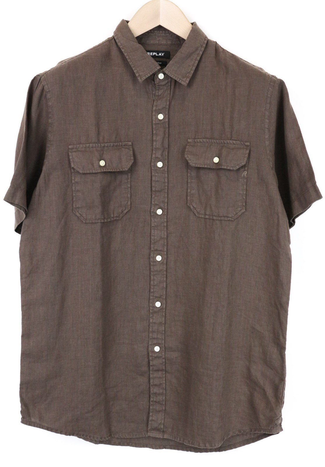 REPLAY Men Shirt L Brown Pure Linen Short Sleeve Button-Up Casual