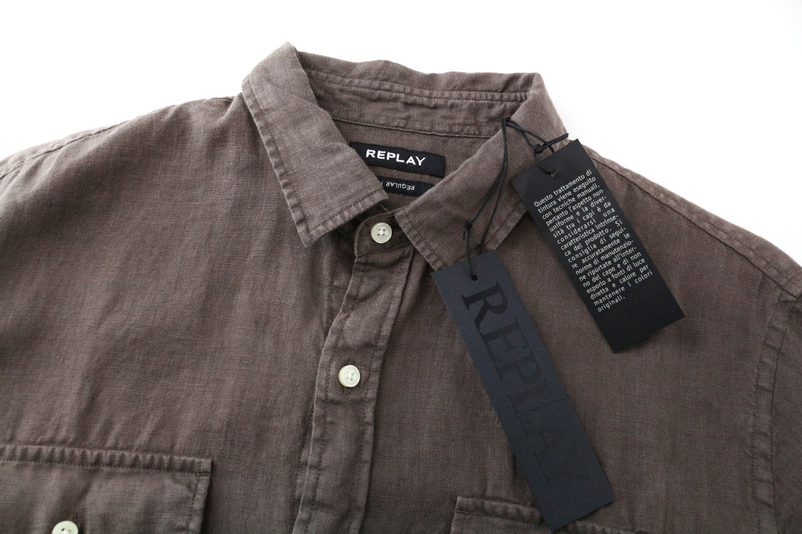 REPLAY Men Shirt L Brown Pure Linen Short Sleeve Button-Up Casual