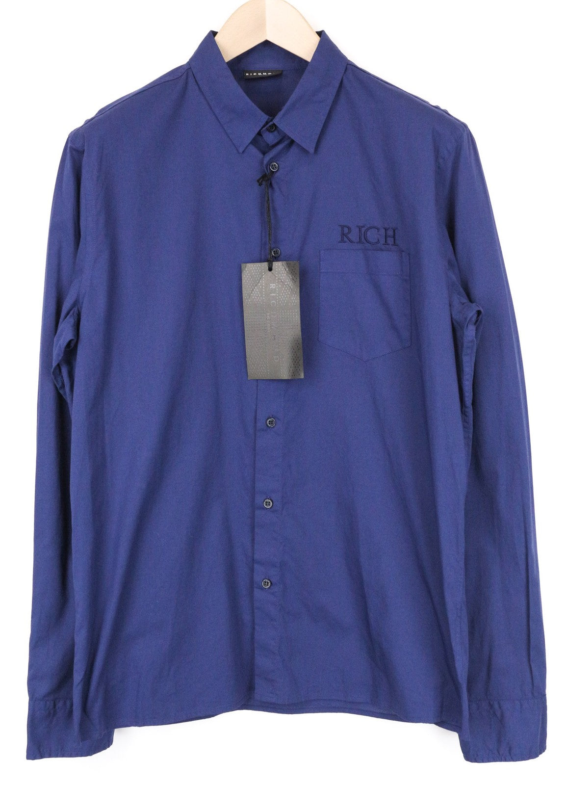 RICHMOND Men Shirt L Blue Cotton Stretch Long Sleeved Logo Pocketed