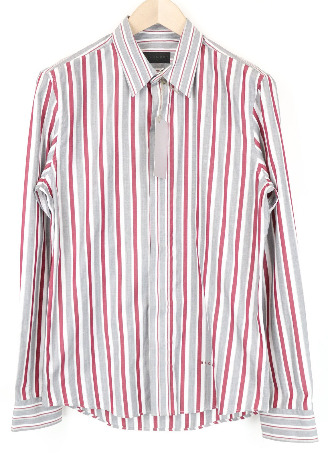 RICHMOND Men Shirt 48 M Grey Red Striped Button-Up Long Sleeve Pure Cotton