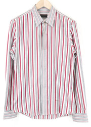 RICHMOND Men Shirt 48 M Grey Red Striped Button-Up Long Sleeve Pure Cotton