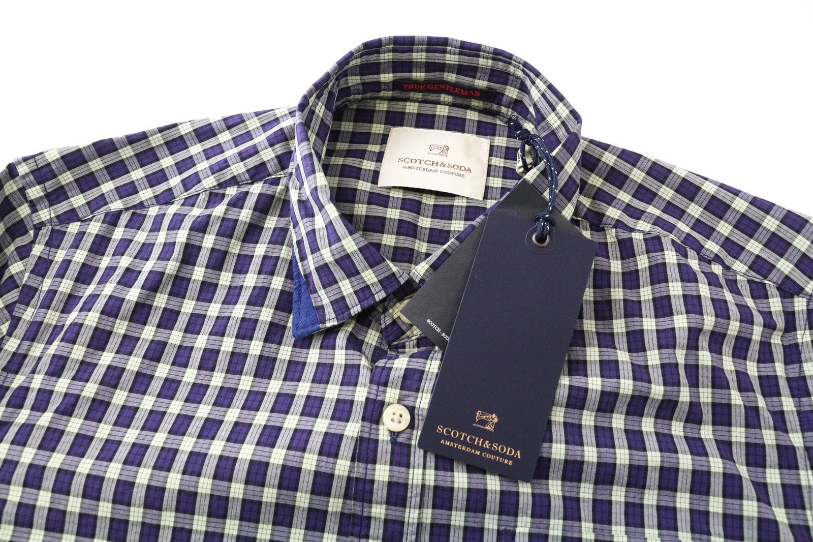 SCOTCH & SODA Ams Couture Men Shirt S Blue Pure Cotton Checked Long Sleeved