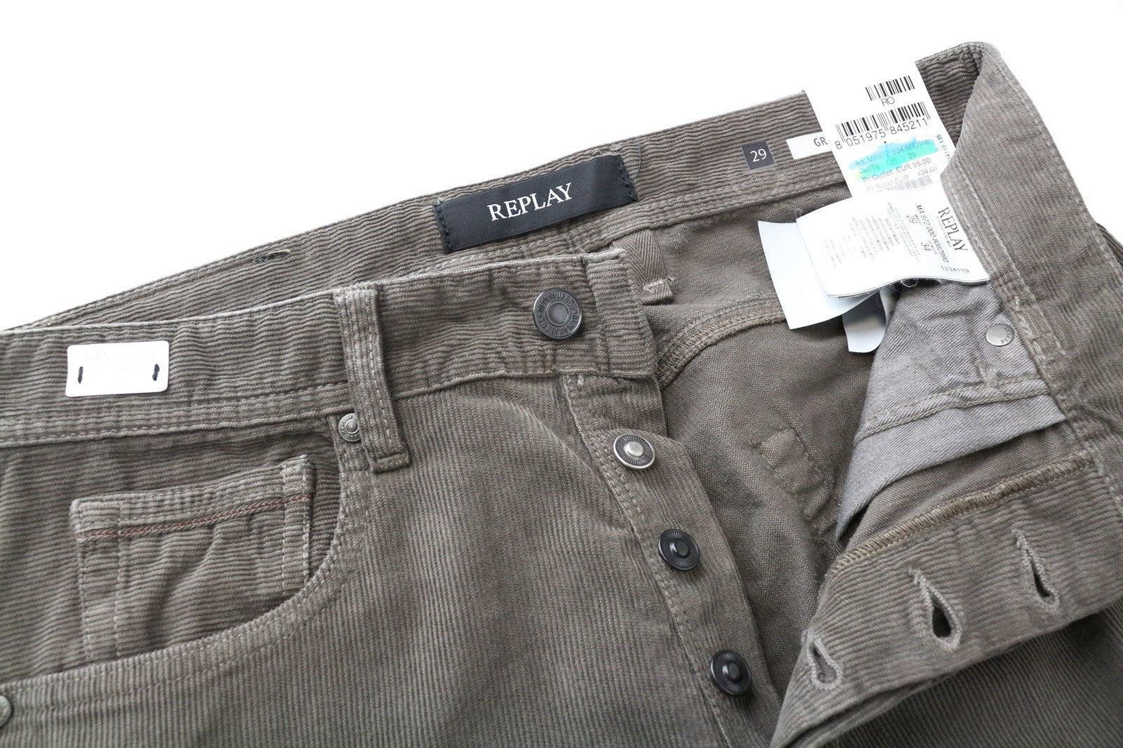 REPLAY Grover Men Trousers W29/L34 Straight Fit Brown Cotton Stretch Corduroy