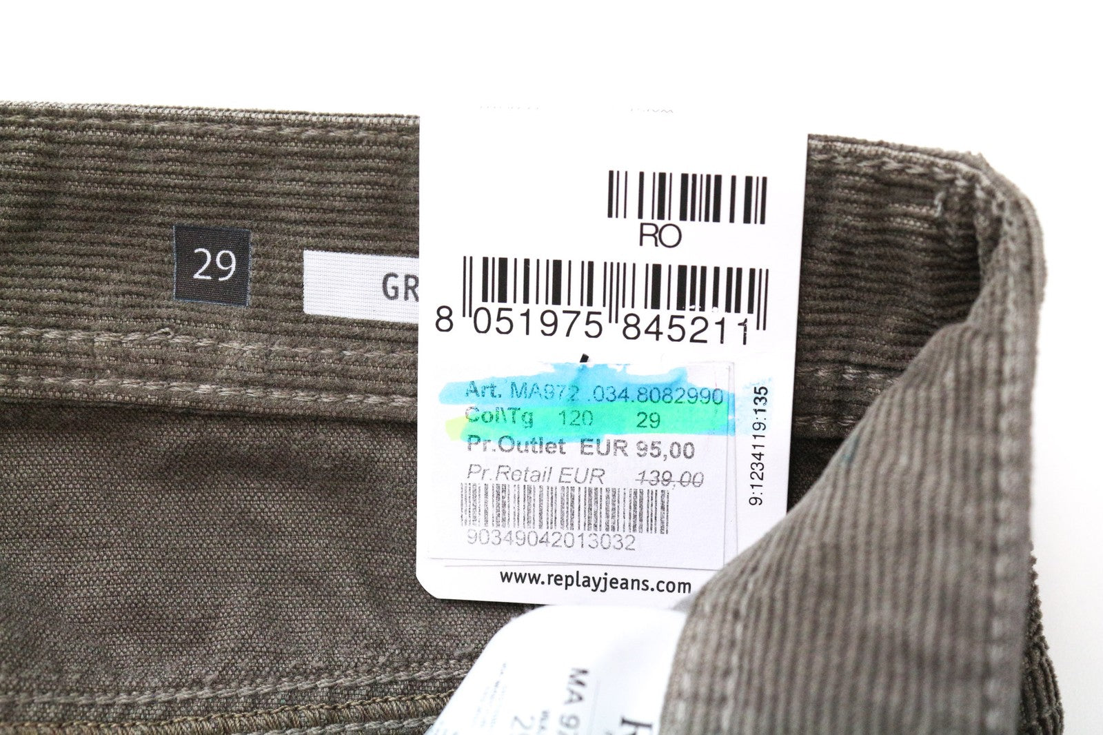 REPLAY Grover Men Trousers W29/L34 Straight Fit Brown Cotton Stretch Corduroy