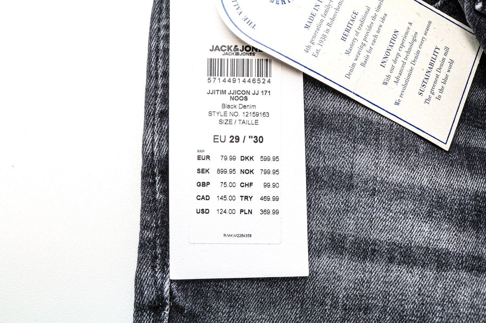 JACK & JONES Tim Men Jeans W29/L30 Slim Straight Fit Wash Cotton Stretch Grey