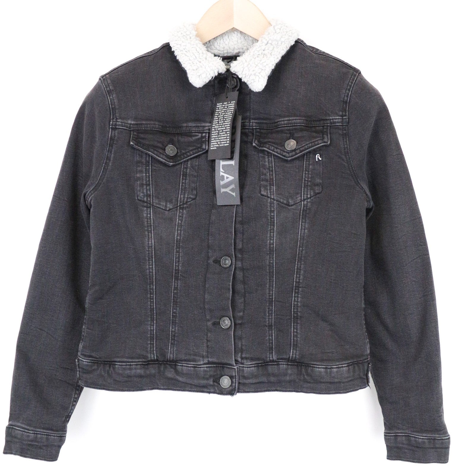 REPLAY Women Jacket S Lined Grey Cotton Stretch Denim Cropped Single-Breasted