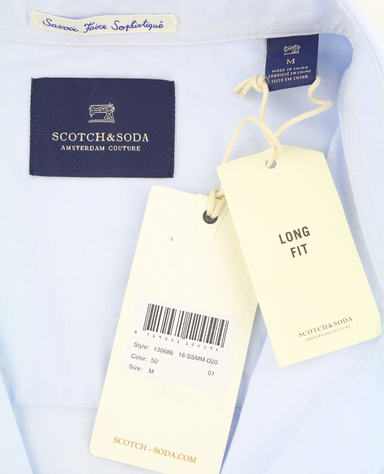 SCOTCH & SODA Men's Shirt M Light Blue Cotton Long Fit Button-Up Spread