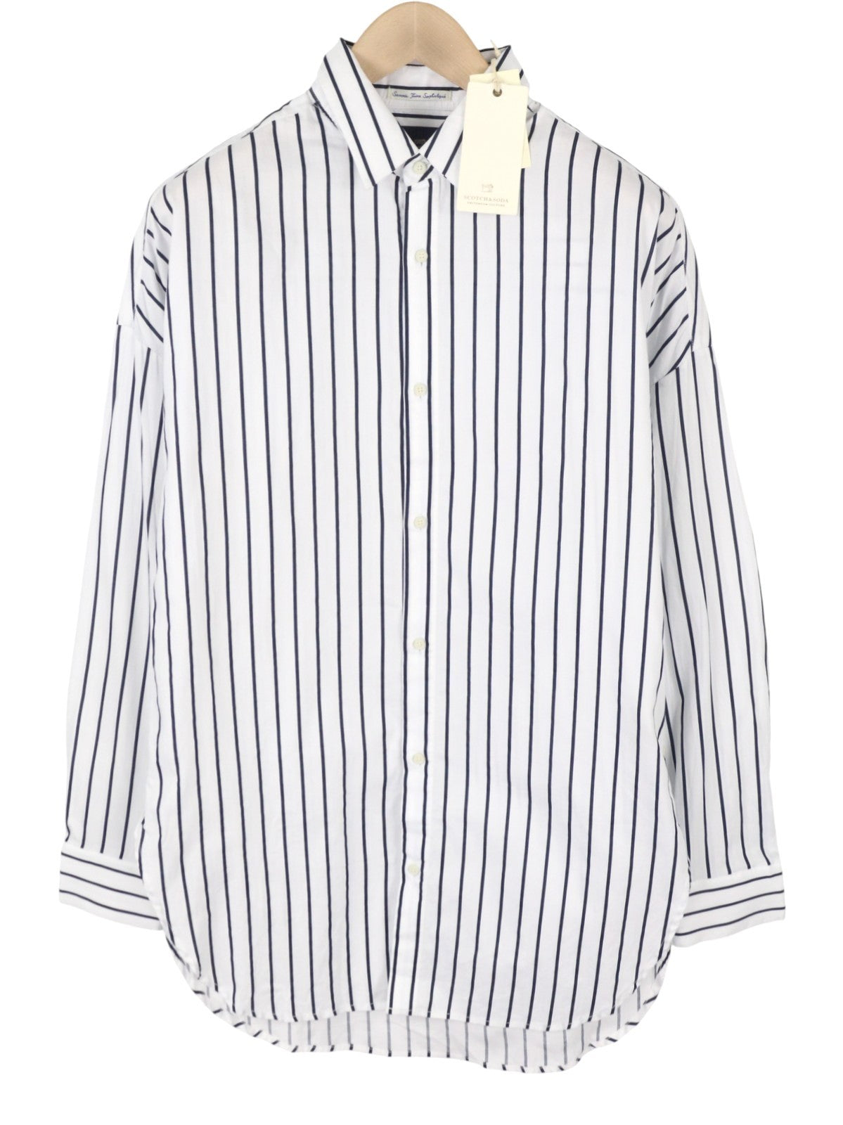 SCOTCH & SODA Men's Shirt M White Pinstripe Long Fit Button-Up Spread