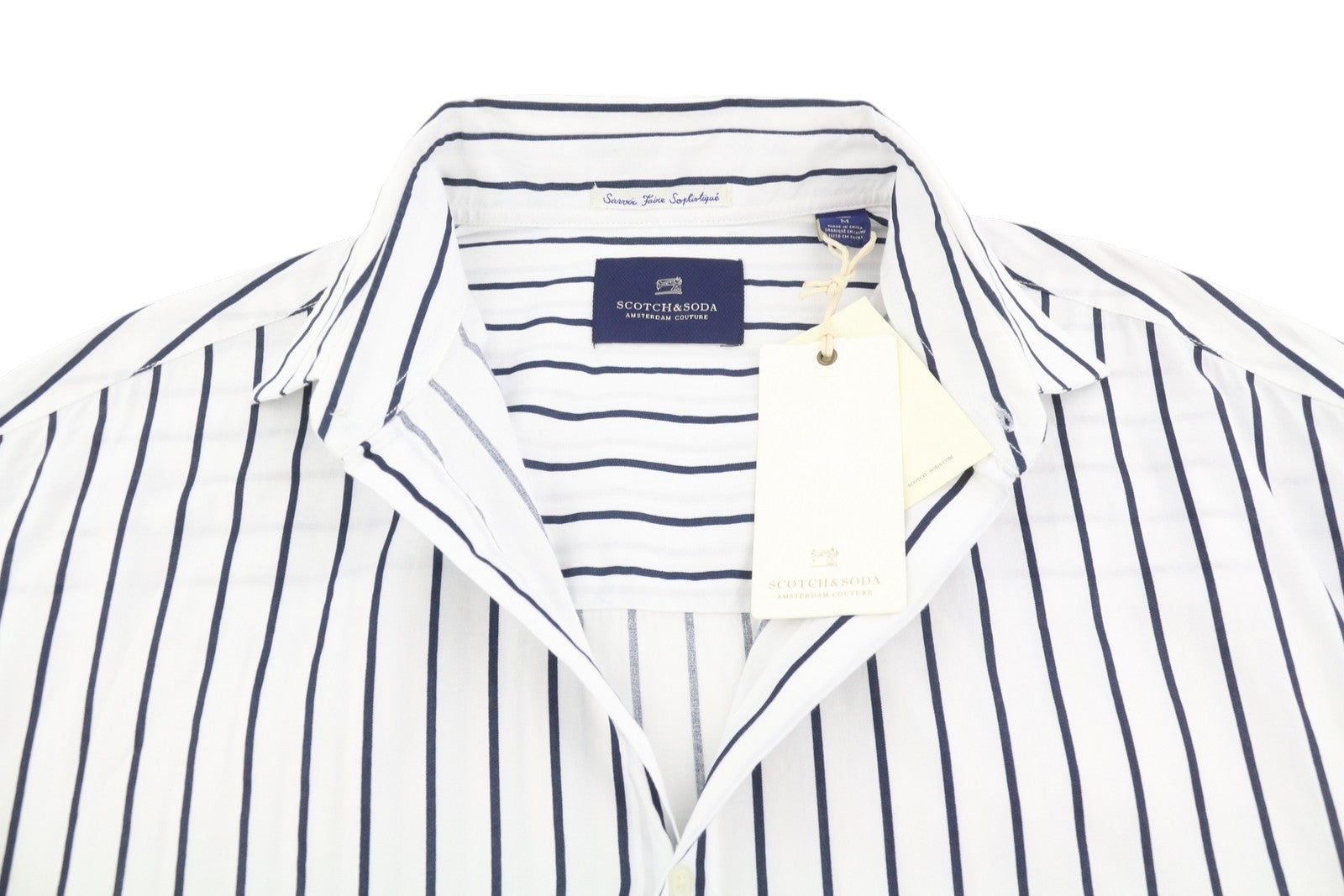SCOTCH & SODA Men's Shirt M White Pinstripe Long Fit Button-Up Spread