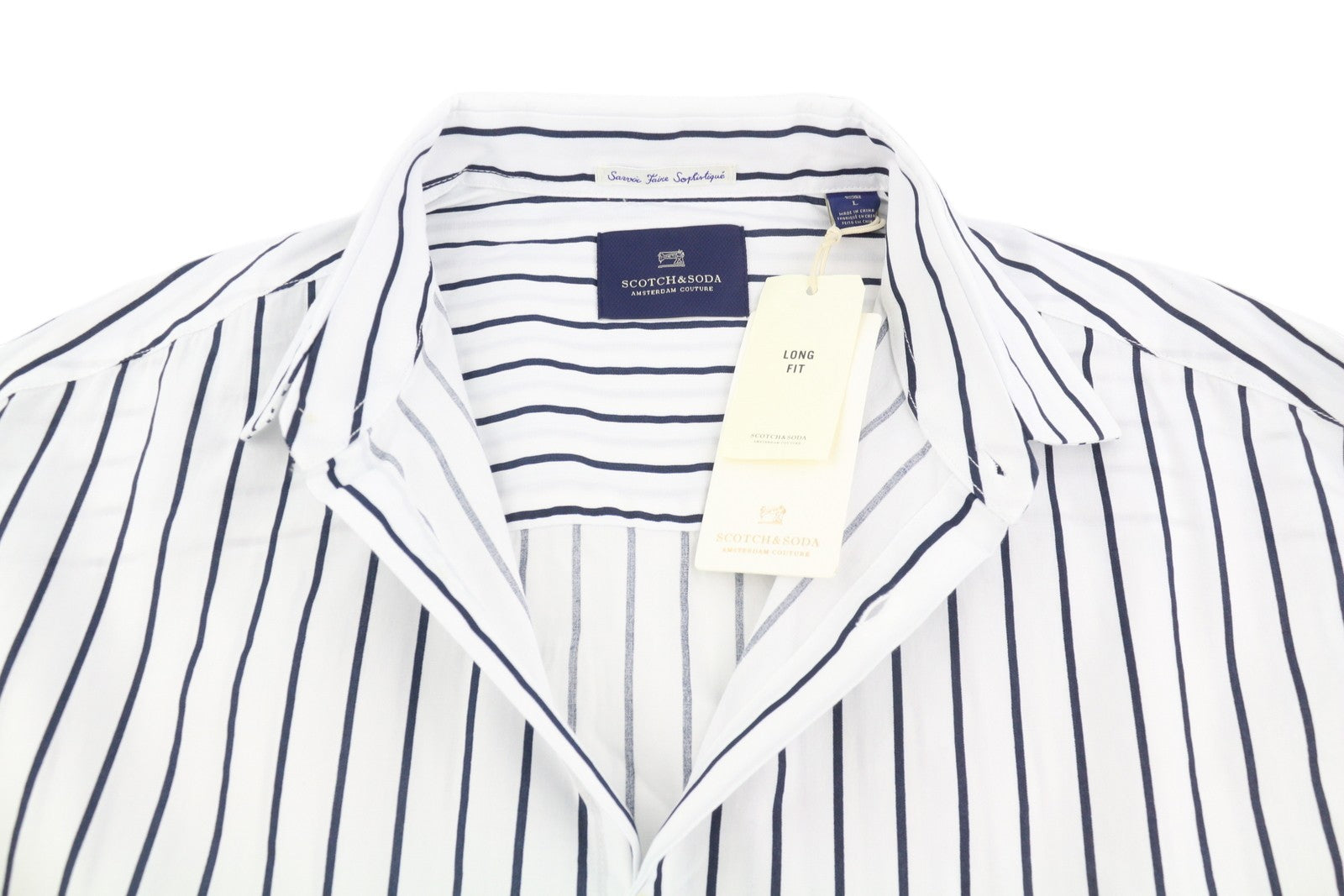 SCOTCH & SODA Men's Shirt L White Pinstripe Long Fit Button-Up Spread