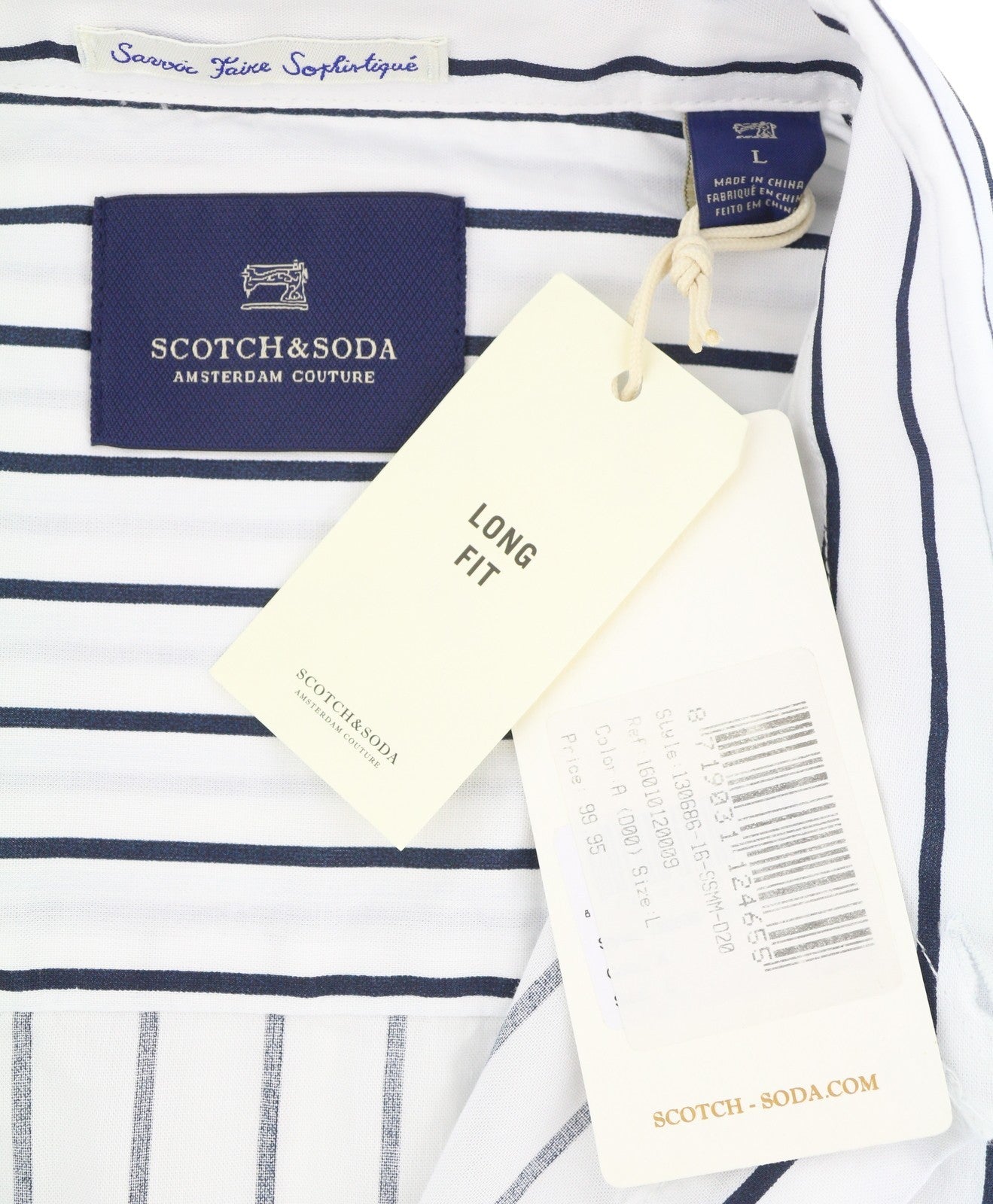 SCOTCH & SODA Men's Shirt L White Pinstripe Long Fit Button-Up Spread