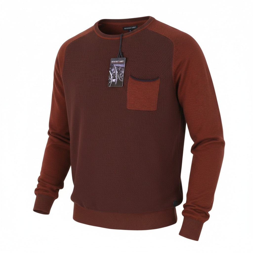 STATE OF ART Men's Jumper S Brown Melange Crew Neck Patch Pocket Pull On