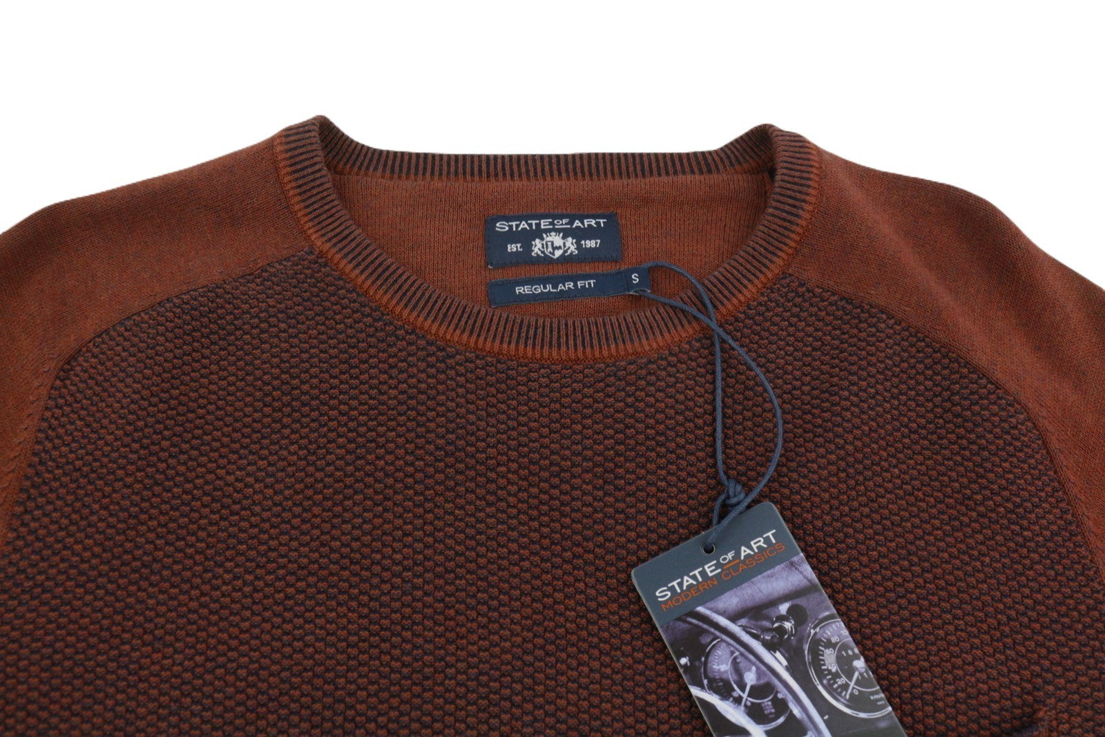 STATE OF ART Men's Jumper S Brown Melange Crew Neck Patch Pocket Pull On