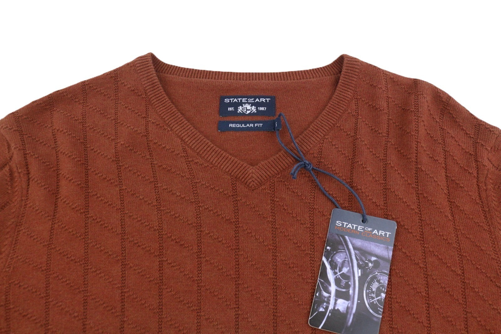 STATE OF ART Men's Jumper S Brown Cotton Tight-Knit V-Neck Pull On