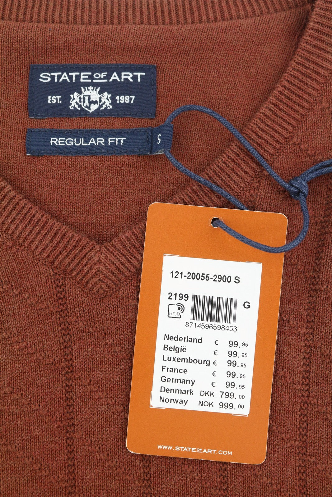 STATE OF ART Men's Jumper S Brown Cotton Tight-Knit V-Neck Pull On
