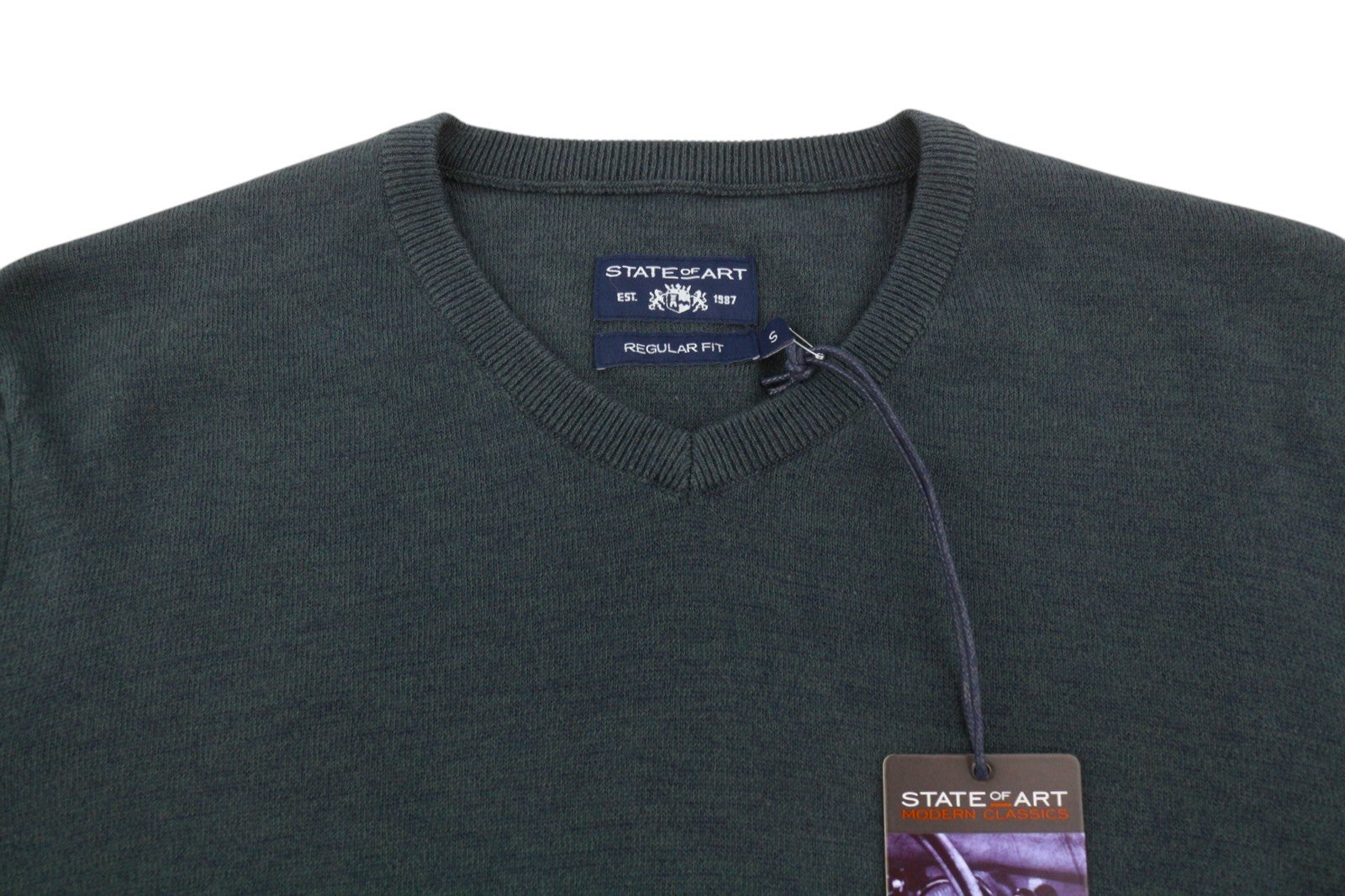 STATE OF ART Men's Jumper S Dark Grey Melange Knit V-Neck Pull On