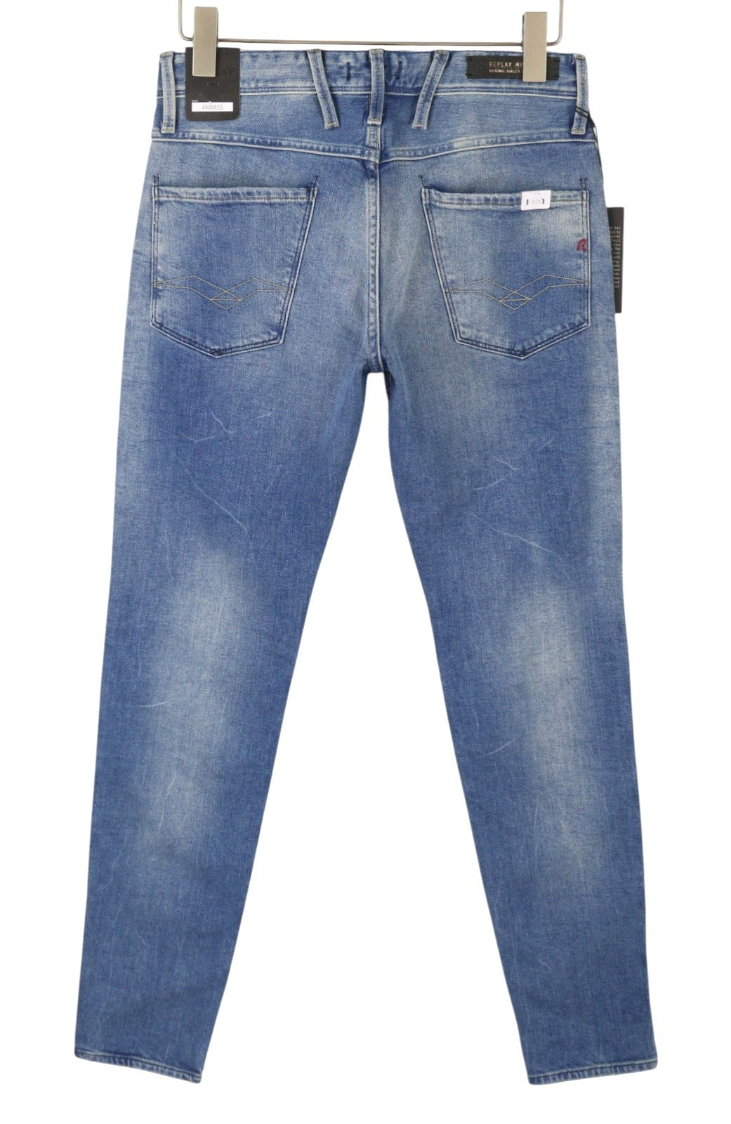 REPLAY Anbass Men's Jeans W30/L34 Blue Slim Fit Faded Whiskers Zip Fly