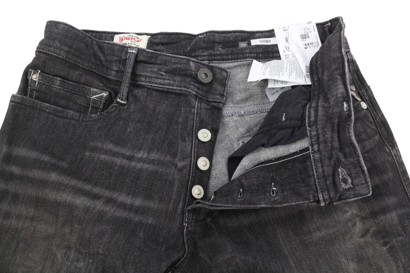 REPLAY Thyber Men's Jeans W29/L34 Black Stretch Slim Faded Whiskers