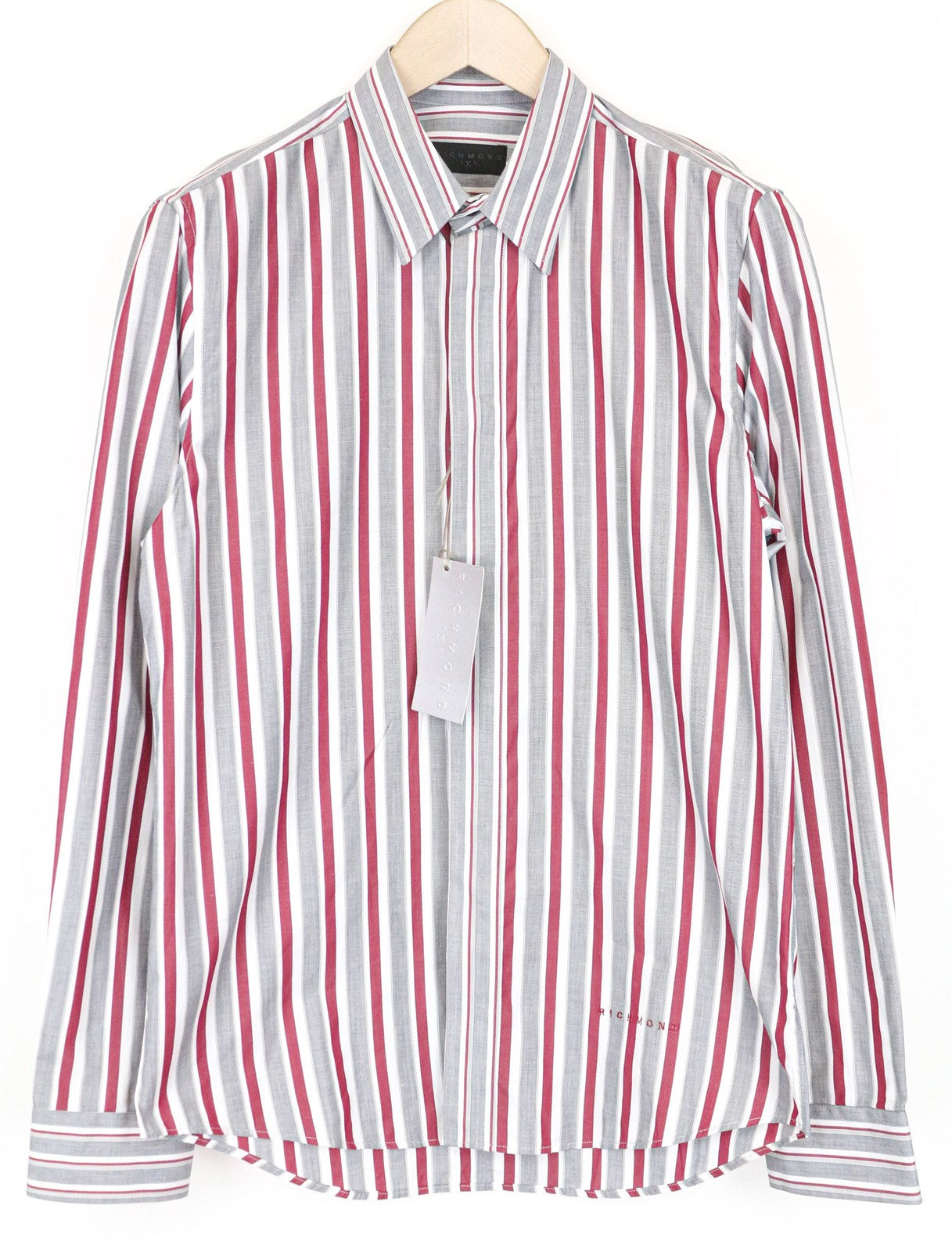 RICHMOND Men's Shirt 48 Red Grey Striped Long Sleeve Pure Cotton Smart Casual