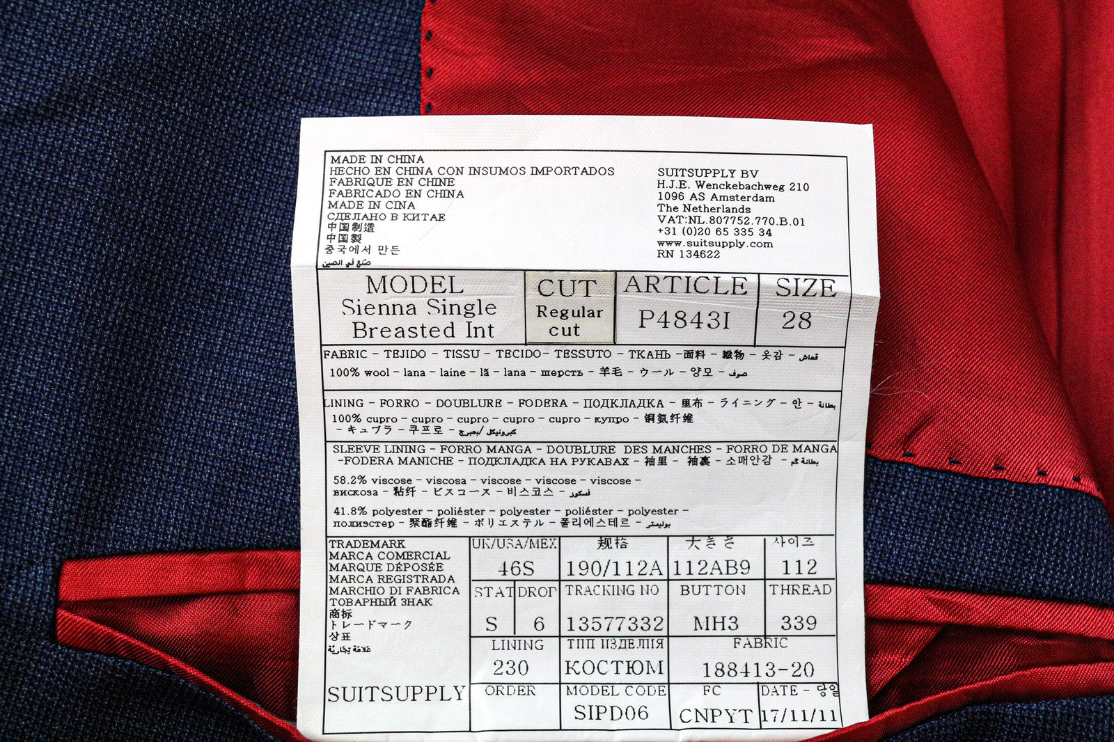 SUITSUPPLY Sienna Men's Blazer UK46S Blue Wool Super 130's Single-Breasted