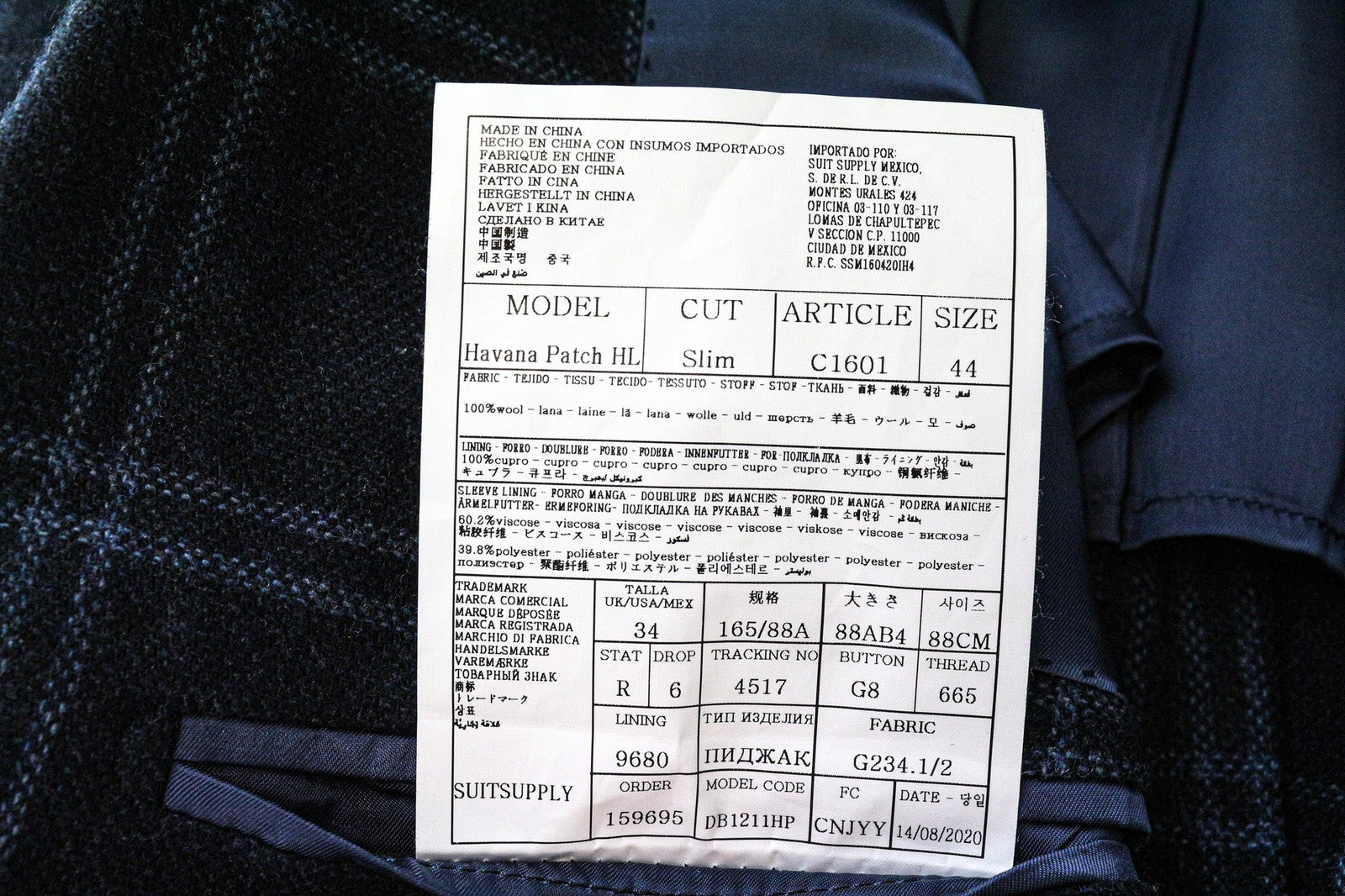 SUITSUPPLY Havana Men's Blazer UK34R Slim Blue Checked Pure Wool Lined