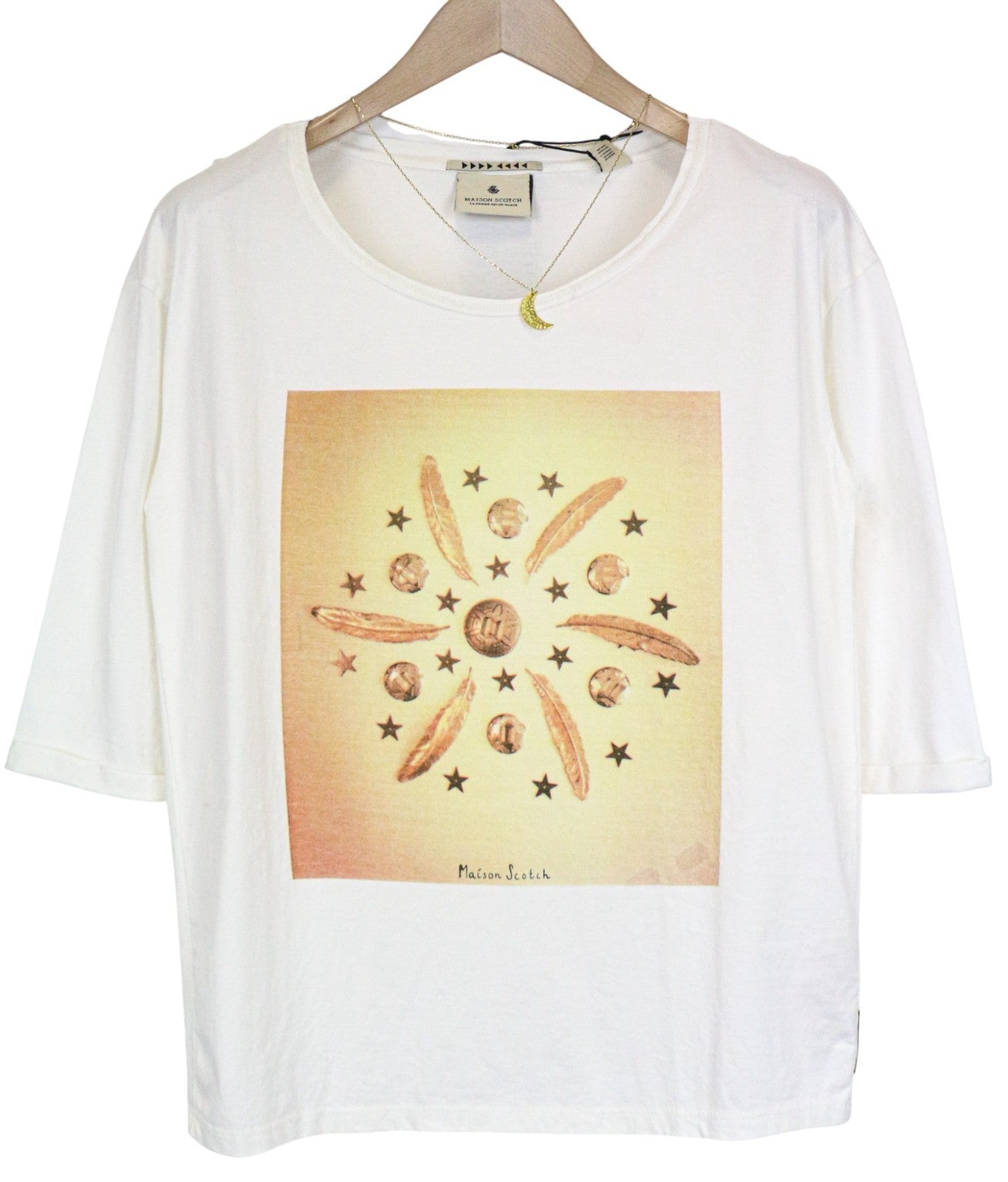 MAISON SCOTCH Women's T-Shirt S Off-White Pullover Short Sleeve Cotton Logo