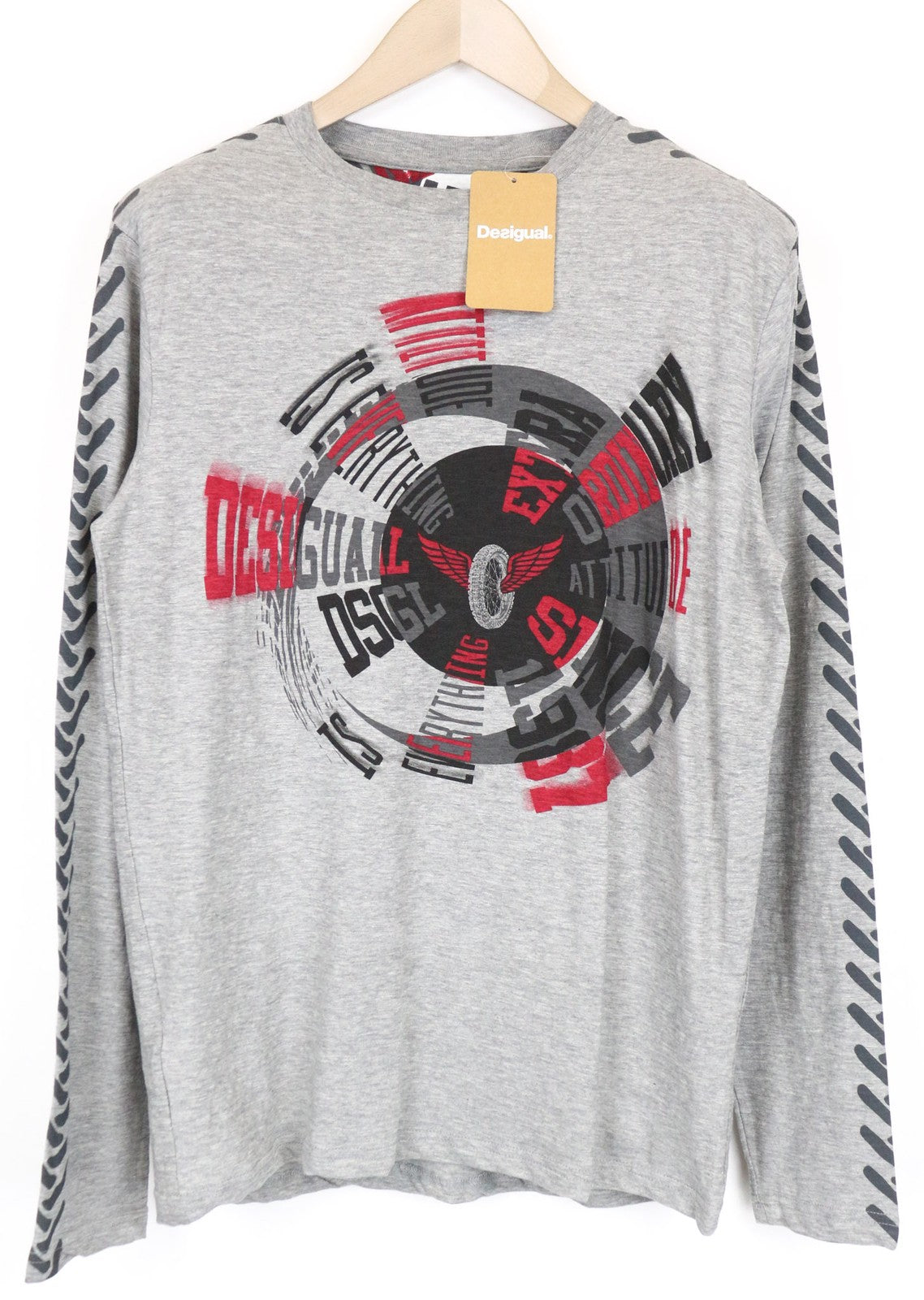 DESIGUAL Bitrio Men's T-Shirt S Grey Cotton Blend Pullover Logo Long Sleeved