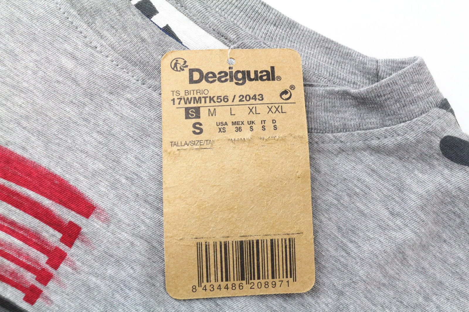 DESIGUAL Bitrio Men's T-Shirt S Grey Cotton Blend Pullover Logo Long Sleeved