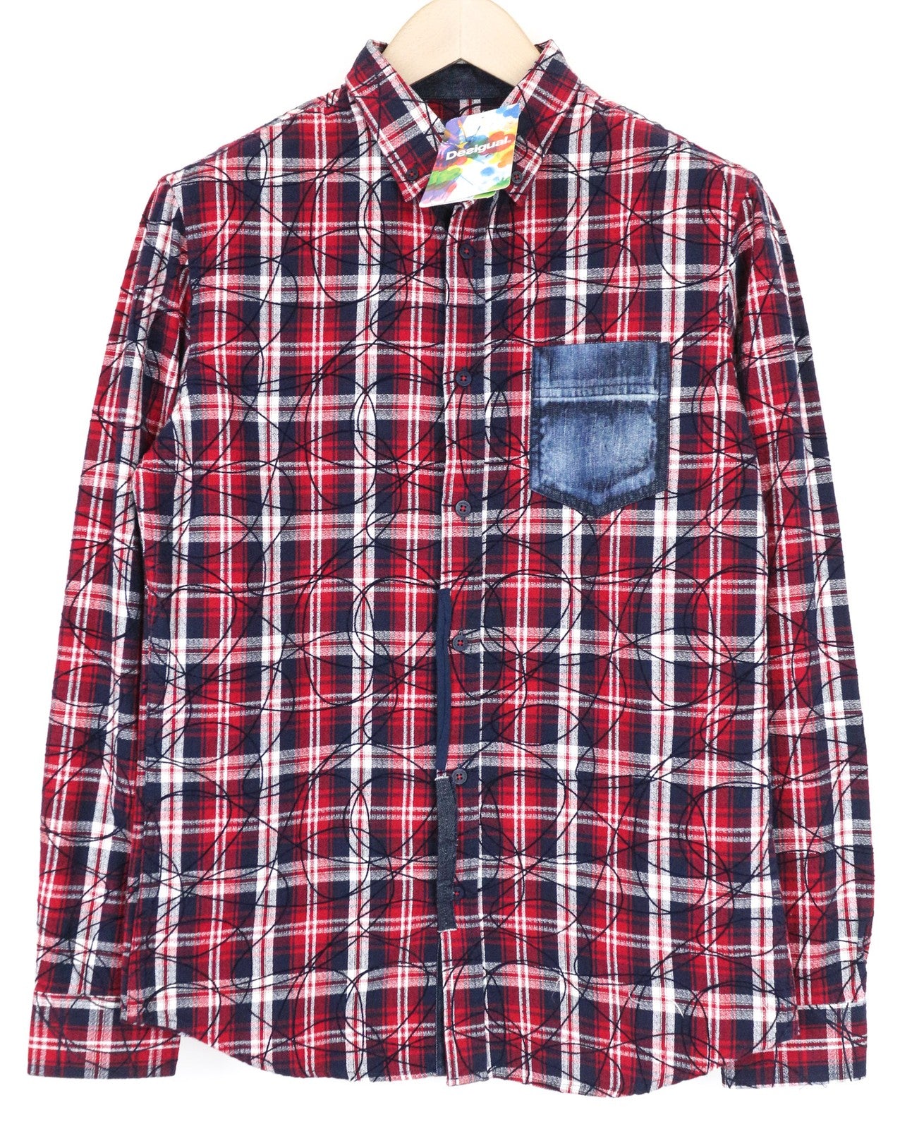 DESIGUAL Juli Men's Shirt S Red Cotton Checked Casual Long Sleeve Pocketed