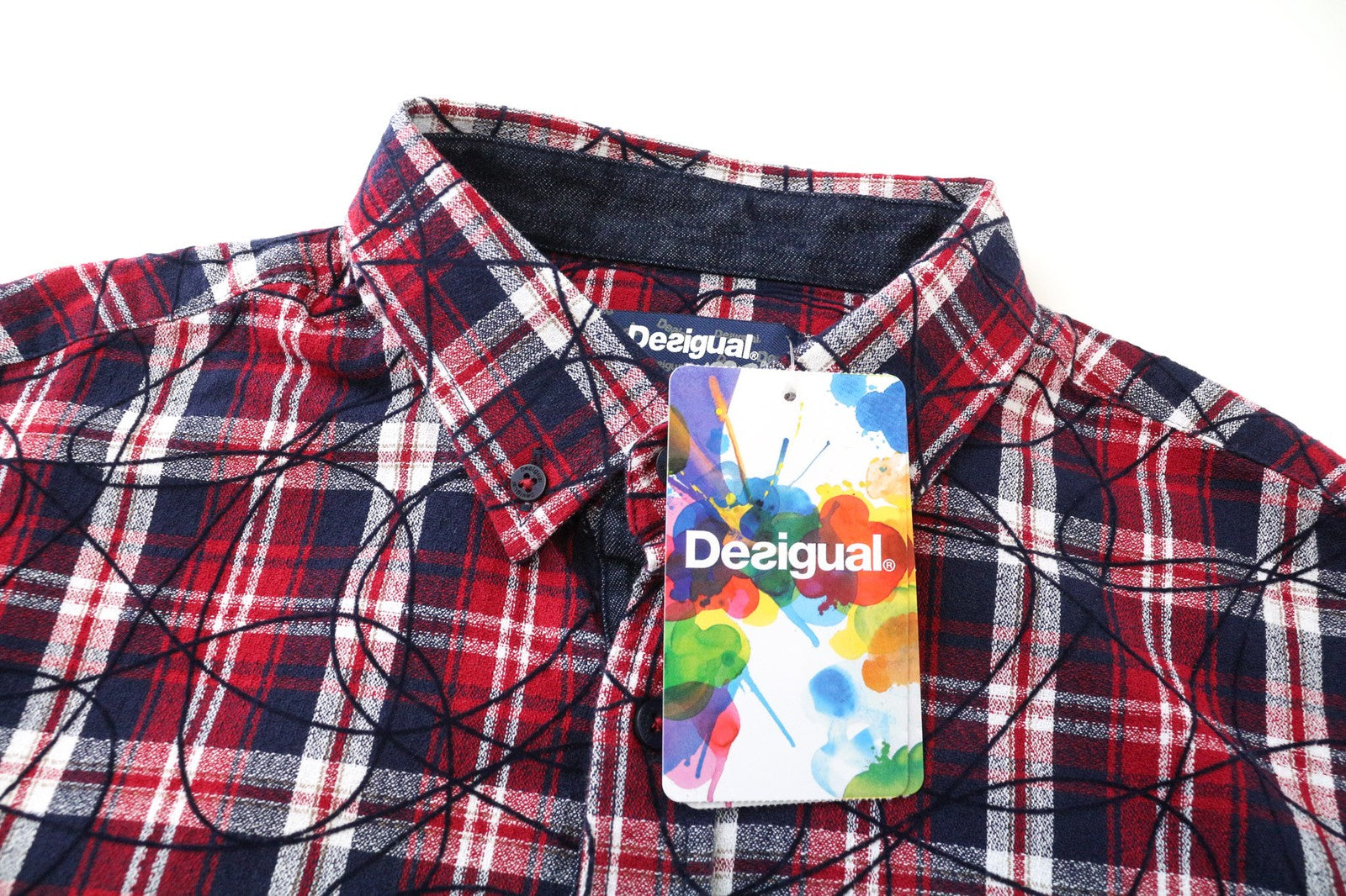 DESIGUAL Juli Men's Shirt S Red Cotton Checked Casual Long Sleeve Pocketed