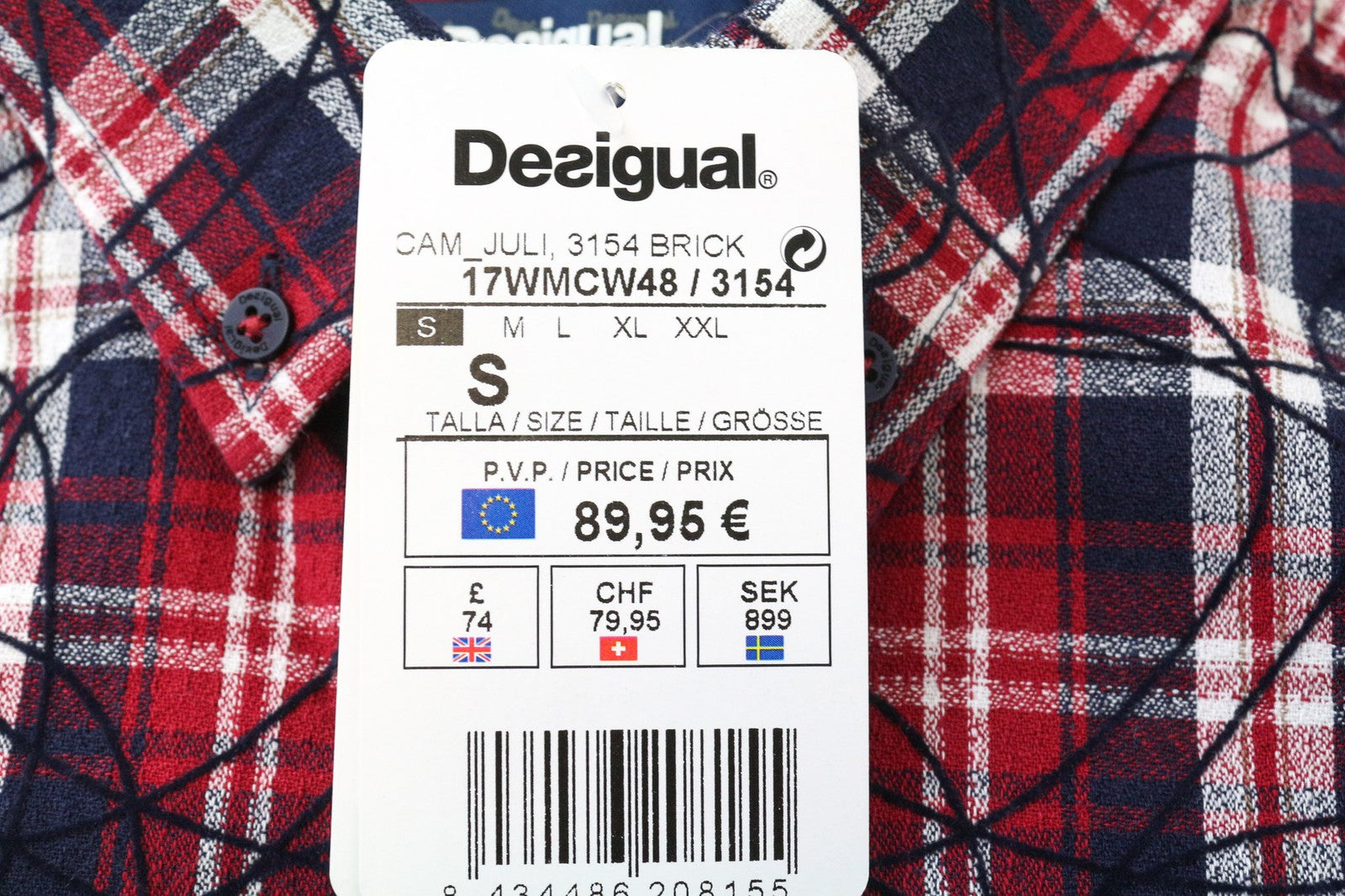 DESIGUAL Juli Men's Shirt S Red Cotton Checked Casual Long Sleeve Pocketed