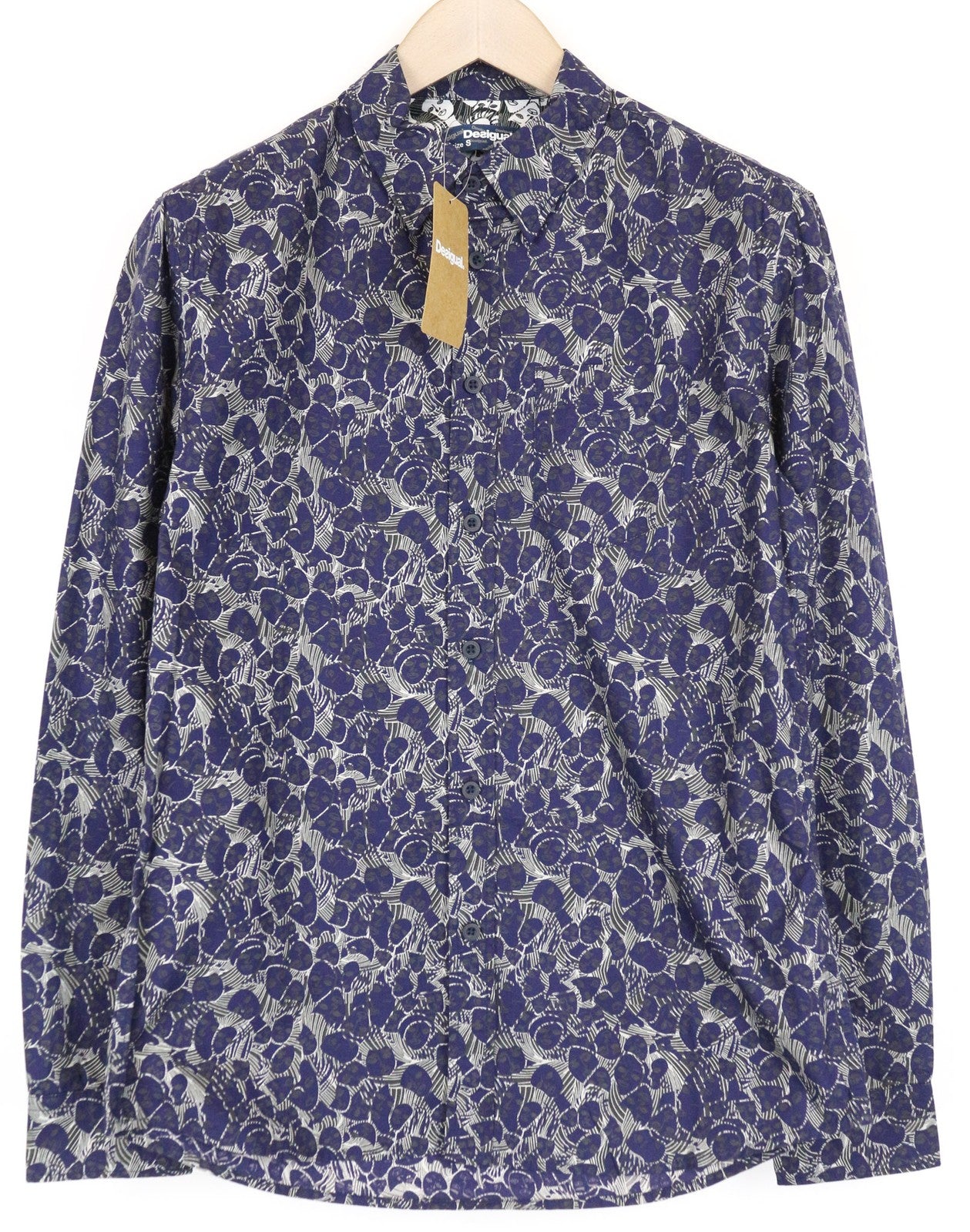 DESIGUAL David Men's Shirt S Slim Pattern Blue Pure Cotton Casual Long Sleeved