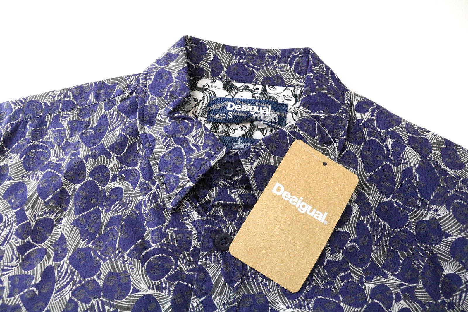 DESIGUAL David Men's Shirt S Slim Pattern Blue Pure Cotton Casual Long Sleeved