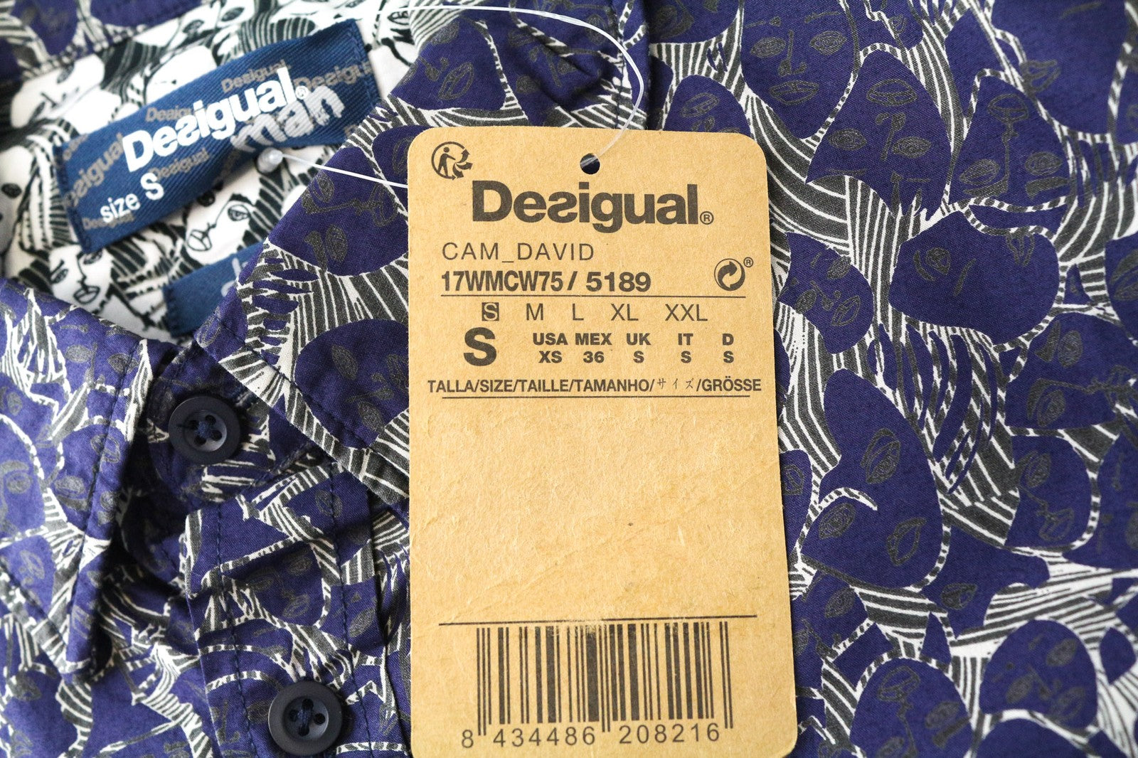 DESIGUAL David Men's Shirt S Slim Pattern Blue Pure Cotton Casual Long Sleeved