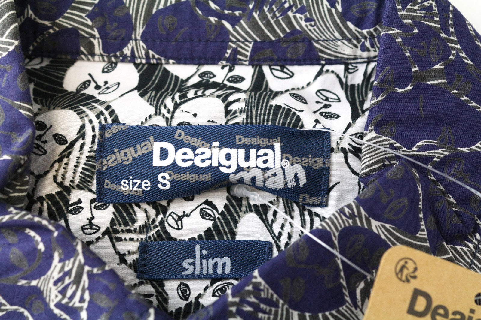 DESIGUAL David Men's Shirt S Slim Pattern Blue Pure Cotton Casual Long Sleeved