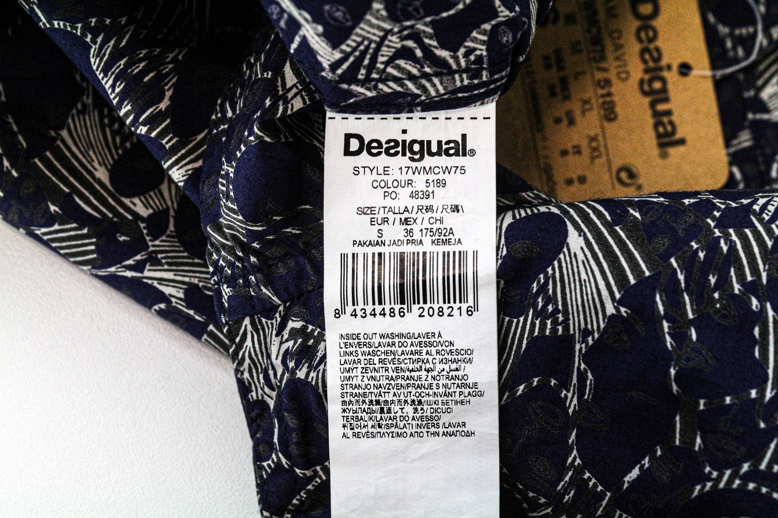 DESIGUAL David Men's Shirt S Slim Pattern Blue Pure Cotton Casual Long Sleeved