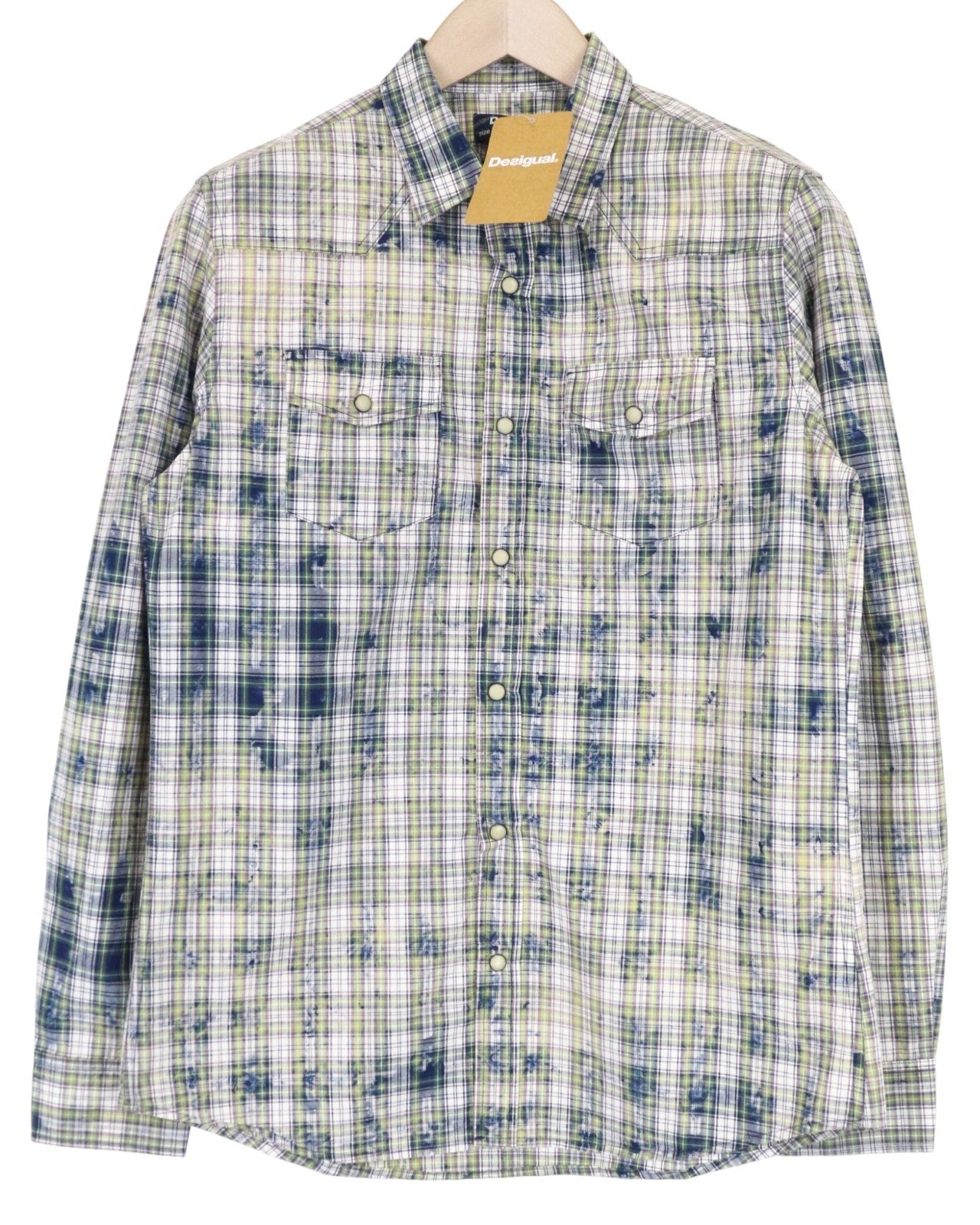DESIGUAL Leo Men's Shirt S Slim Checked Green Blue Snaps Pure Cotton Pattern