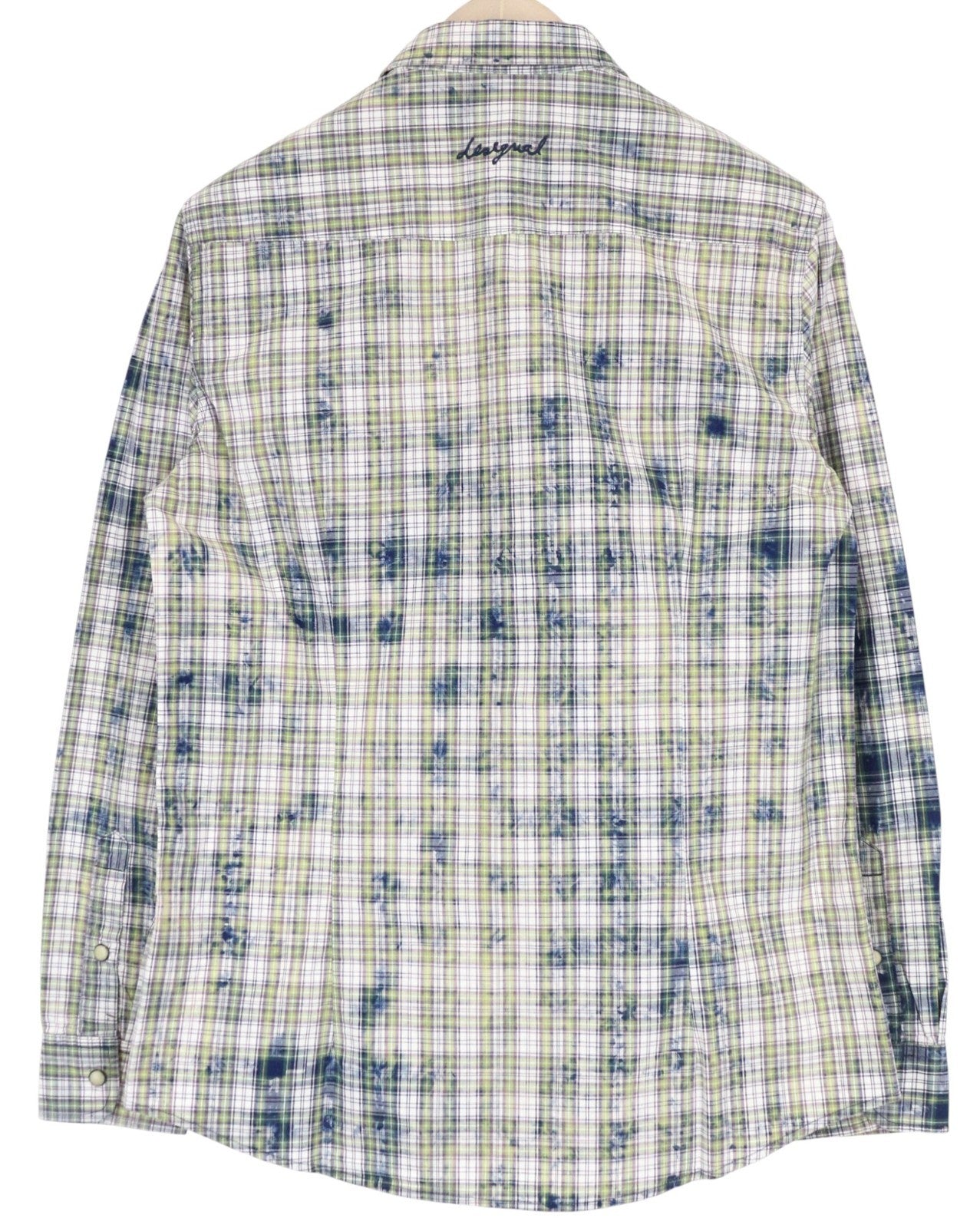DESIGUAL Leo Men's Shirt S Slim Checked Green Blue Snaps Pure Cotton Pattern