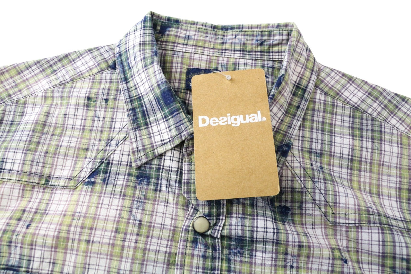 DESIGUAL Leo Men's Shirt S Slim Checked Green Blue Snaps Pure Cotton Pattern