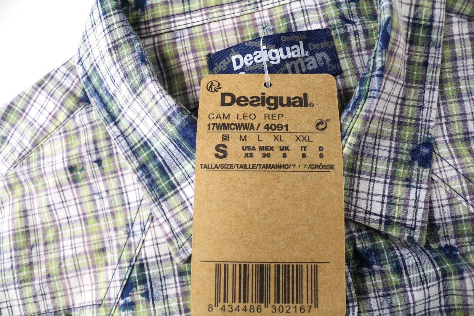 DESIGUAL Leo Men's Shirt S Slim Checked Green Blue Snaps Pure Cotton Pattern