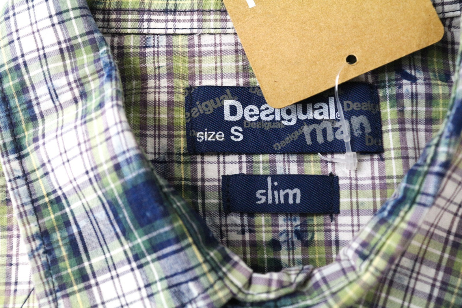 DESIGUAL Leo Men's Shirt S Slim Checked Green Blue Snaps Pure Cotton Pattern