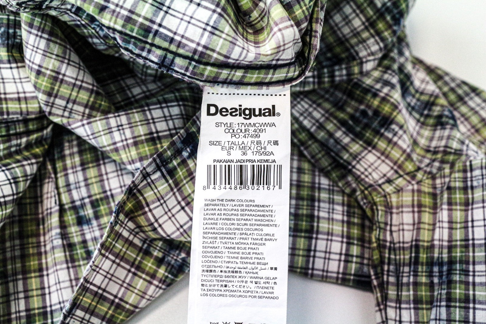 DESIGUAL Leo Men's Shirt S Slim Checked Green Blue Snaps Pure Cotton Pattern