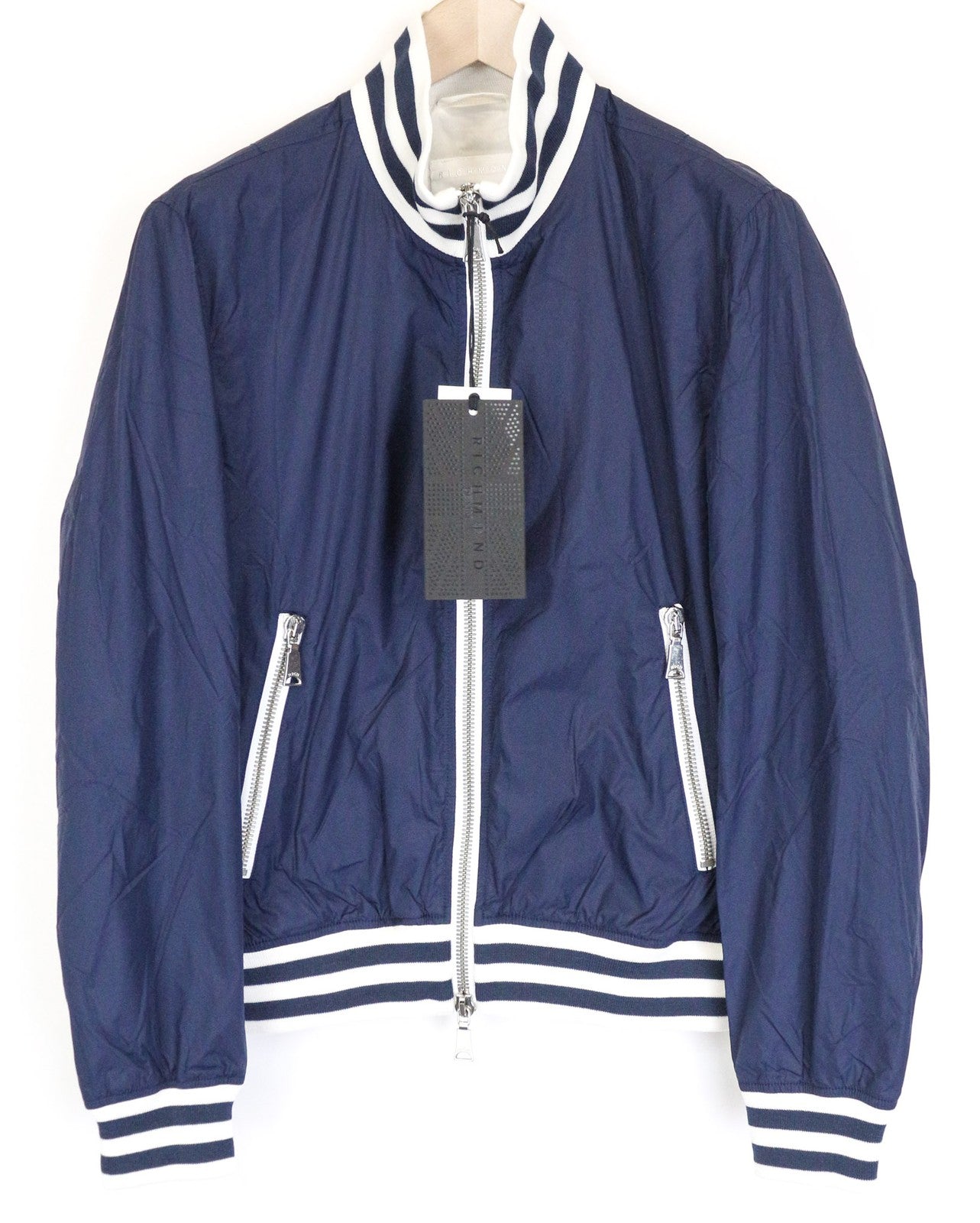 RICHMOND Men's Jacket IT46 Navy Blue Baseball Ribbed Lined Designer High Neck