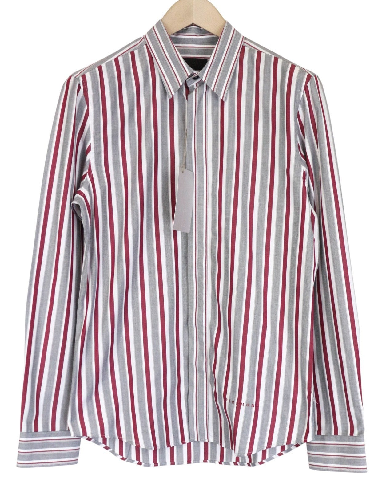 RICHMOND Men's Shirt IT48 Grey Striped Cotton Embroidered Logo Casual Button