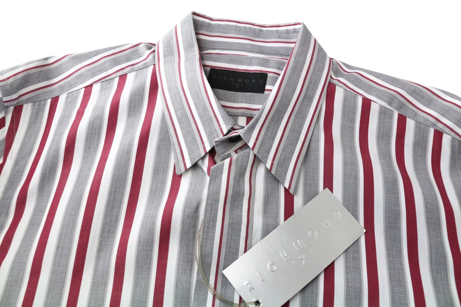 RICHMOND Men's Shirt IT48 Grey Striped Cotton Embroidered Logo Casual Button