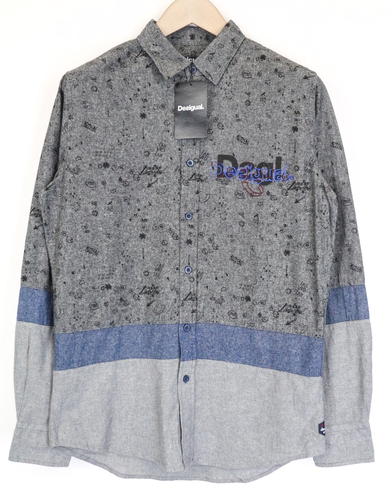 DESIGUAL Didac Men's Shirt S Grey Melange Cotton Long Sleeve Pattern Logo