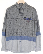 DESIGUAL Didac Men's Shirt S Grey Melange Cotton Long Sleeve Pattern Logo