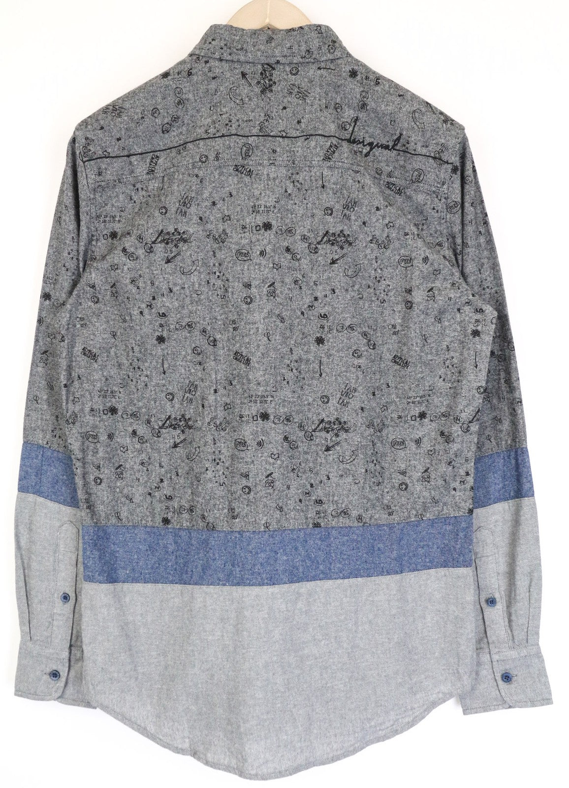 DESIGUAL Didac Men's Shirt S Grey Melange Cotton Long Sleeve Pattern Logo