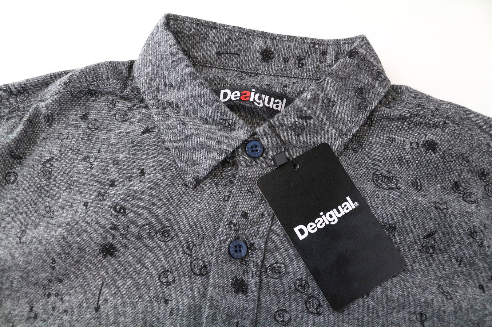 DESIGUAL Didac Men's Shirt S Grey Melange Cotton Long Sleeve Pattern Logo