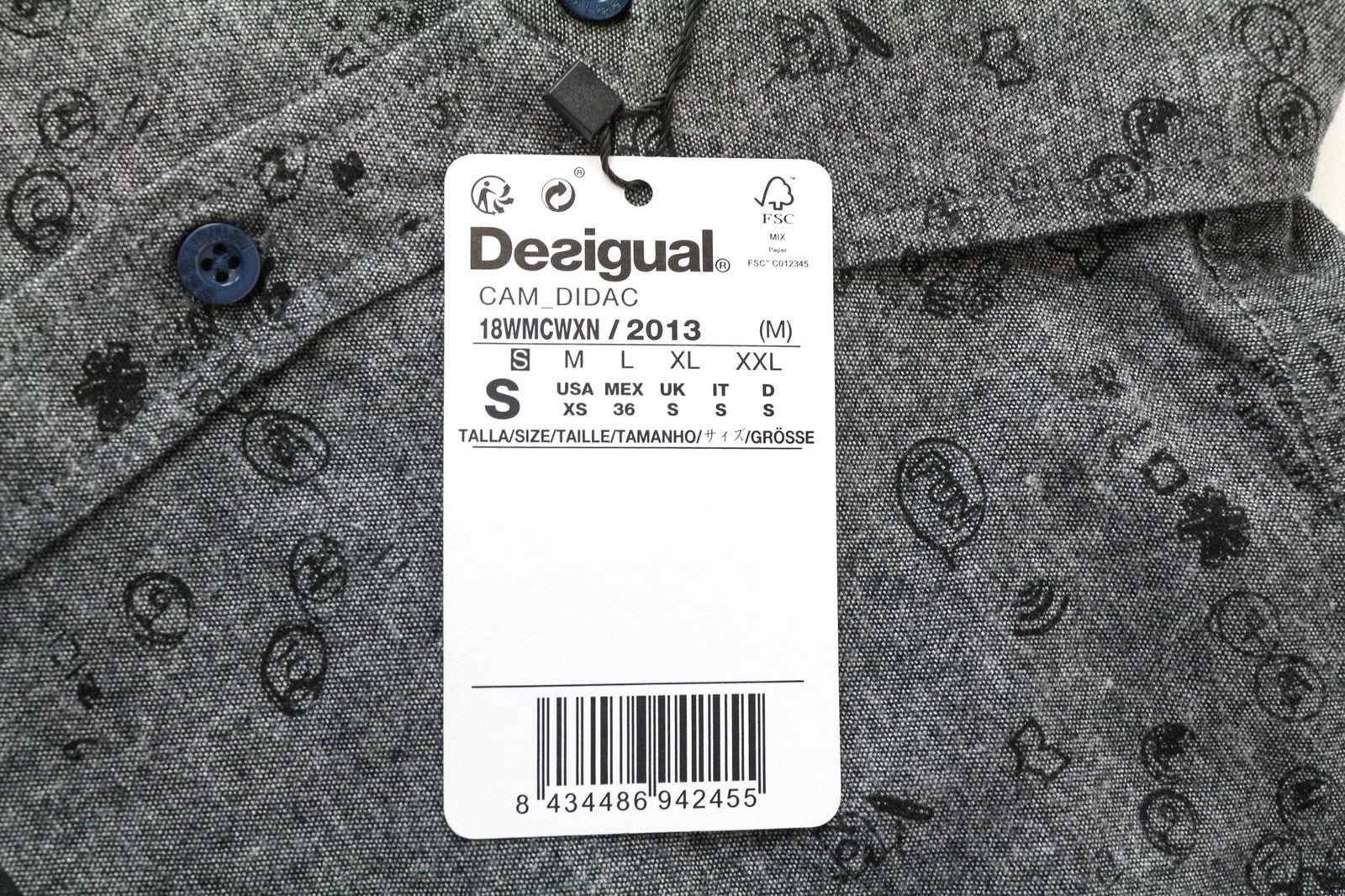 DESIGUAL Didac Men's Shirt S Grey Melange Cotton Long Sleeve Pattern Logo